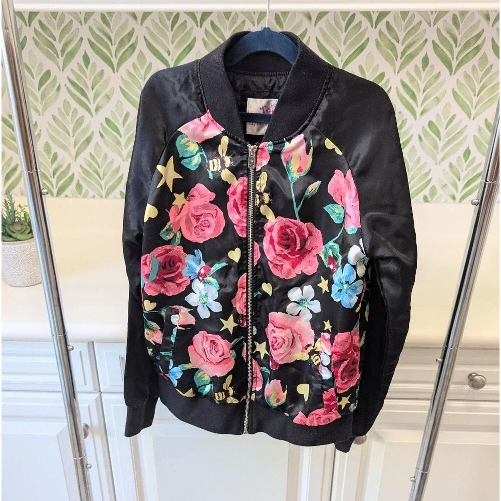 Justice Floral Silky Floral Bomber Jacket 12/14 Girls Academia Tween Y2K Popstar